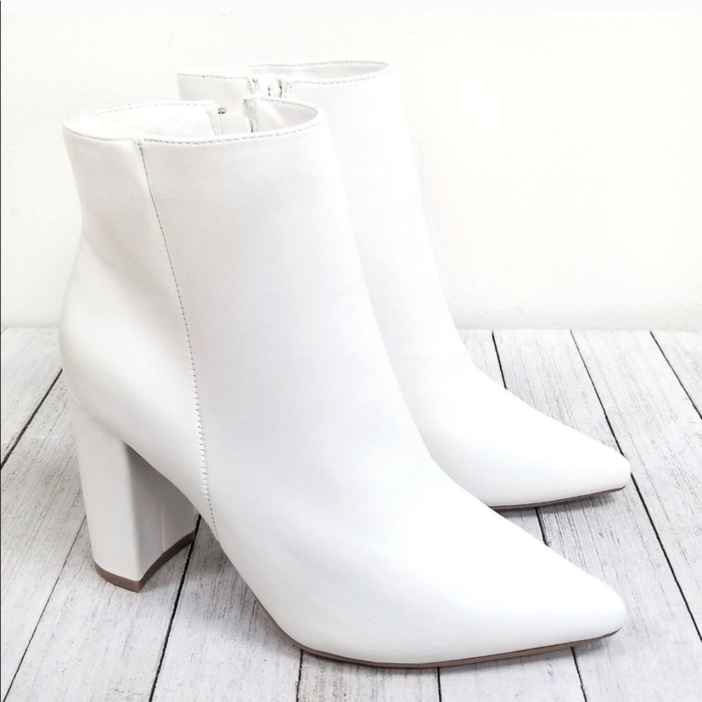 White Chunky Heel Point Toe Booties